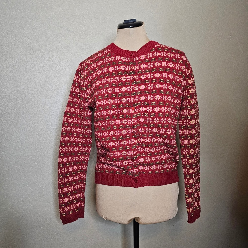 Anthropologie Red Fair Isle Lambswool Cardigan Sweater Floral Knit Small